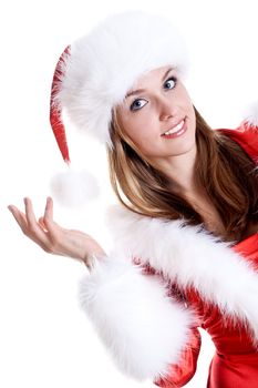 beautiful woman wearing santa claus clothes on a white background