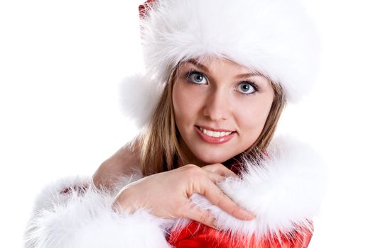 beautiful woman wearing santa claus clothes on a white background