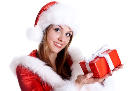 beautiful woman with holiday gift on a white background