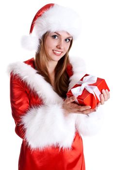 beautiful woman with holiday gift on a white background