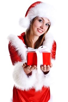 beautiful woman with holiday gift on a white background