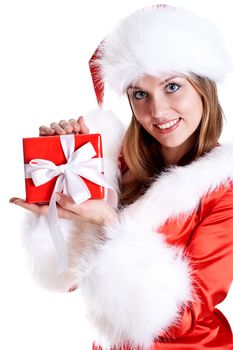 beautiful woman with holiday gift on a white background