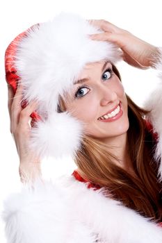 beautiful woman wearing santa claus clothes on a white background