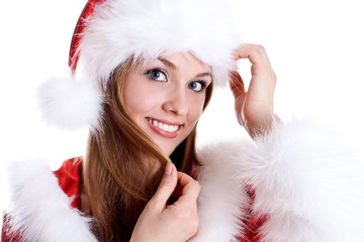 beautiful woman wearing santa claus clothes on a white background