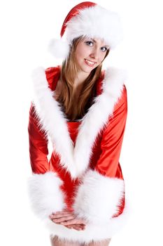 beautiful woman wearing santa claus clothes on a white background