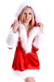 beautiful woman wearing santa claus clothes on a white background