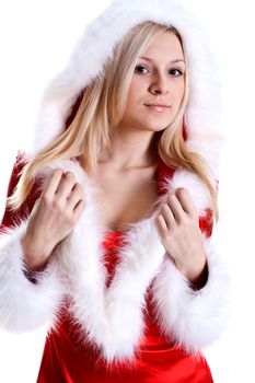 beautiful woman wearing santa claus clothes on a white background