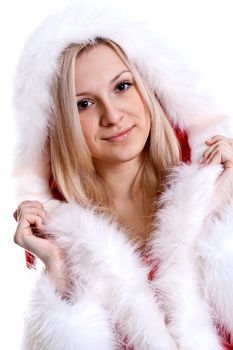 beautiful woman wearing santa claus clothes on a white background