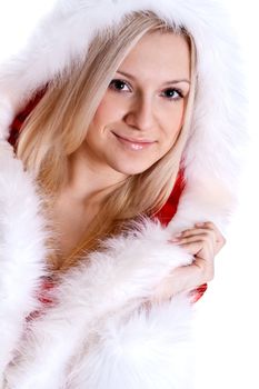 beautiful woman wearing santa claus clothes on a white background