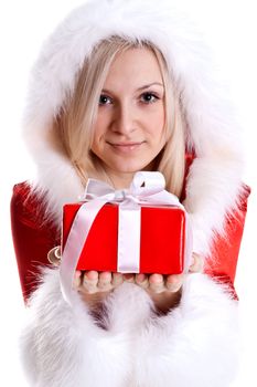 beautiful woman with holiday gift on a white background