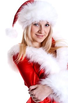 beautiful woman wearing santa claus clothes on a white background