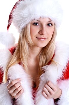 beautiful woman wearing santa claus clothes on a white background