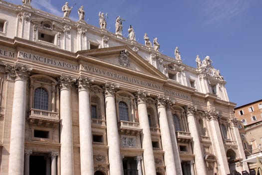 The front of St. Peter's Basilica, in Vatican city.  
