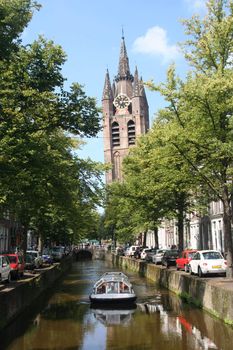 The old leaning church tower of Delft, Holland