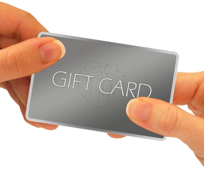 A gift card being exchanged through hands - isolated over a white background.  A clipping path is included.
