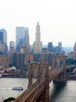 An aerial shot of the Brooklyn Bridge in New York City.