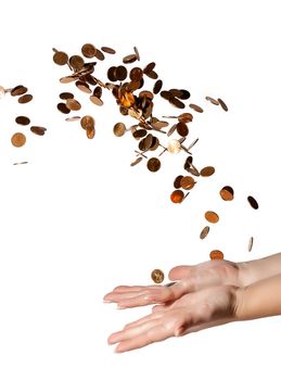 coins fall into his hands on white background