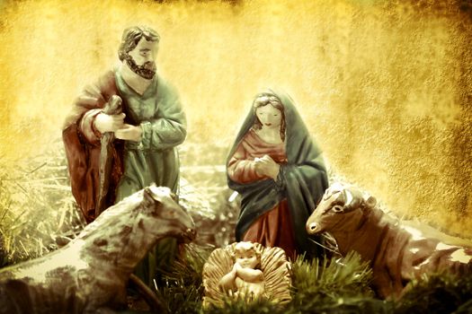 Christmas Cards, Nativity scene figures in retro background