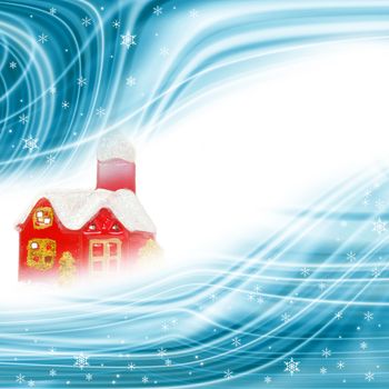 christmas background, cottage and snowflakes with white space