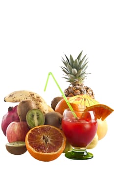 glass of orange juice and mixed fruit on white background