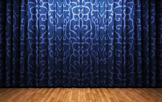 blue velvet curtain opening scene made in 3d