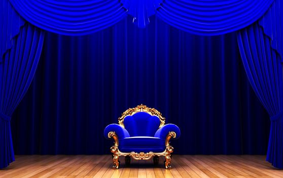 blue velvet curtain and chair made in 3d