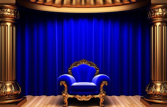 blue velvet curtains, gold columns and chair made in 3d