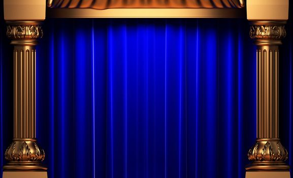 blue velvet curtains behind the gold columns made in 3d