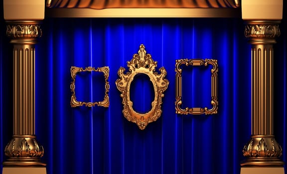 blue curtains, gold columns and frames made in 3d