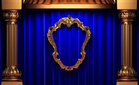 blue curtains, gold columns and frames made in 3d