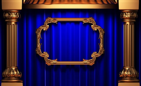 blue curtains, gold columns and frames made in 3d