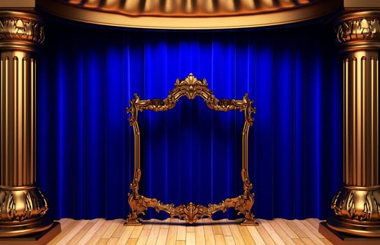 blue curtains, gold columns and frames made in 3d