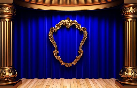 blue curtains, gold columns and frames made in 3d