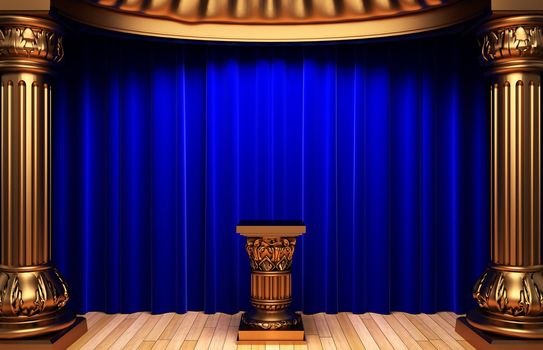 blue velvet curtains, gold columns and Pedestal made in 3d