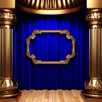 blue curtains, gold columns and frames made in 3d