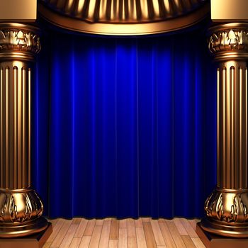 blue velvet curtains behind the gold columns made in 3d