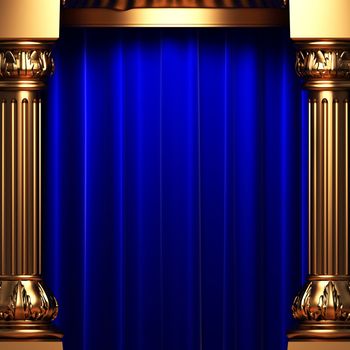 blue velvet curtains behind the gold columns made in 3d