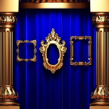 blue curtains, gold columns and frames made in 3d