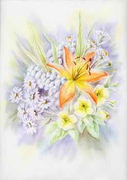 Drawing a water colour on a paper: summer bouquet with a lily