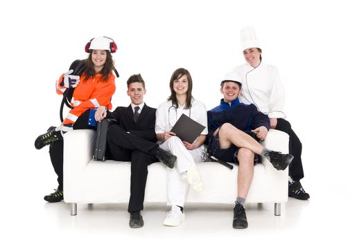 Group of people with different occupation sitting in a sofa isolated on white background
