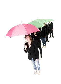 Group of people with umbrellas isolated on white background