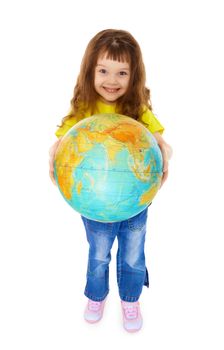 Cheerful little girl gives us Globe isolated on white background