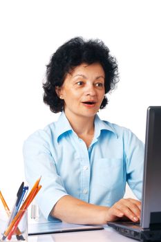Elder surprised woman using laptop on white background.