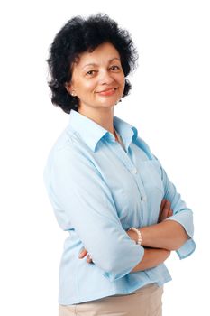 Confident senior woman standing over white background 