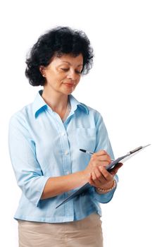 Portrait of a mature woman taking notes over white background 