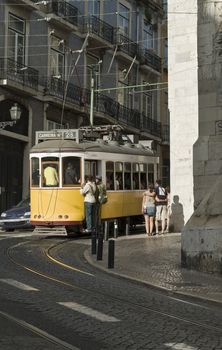 Classic tram on the streets of Lisbon in Portugal, Europe.