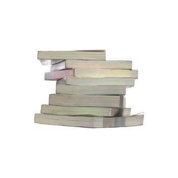 Isolated twisted stack of real books on white background