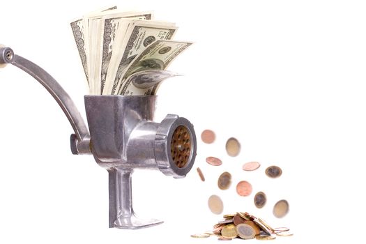 meat chopper with dollars on a white background
