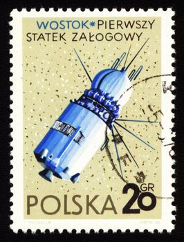 Postage stamp printed in Poland shows first russian spaceship Vostok