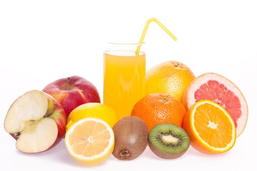 assorted fruit with a glass of juice on a white background